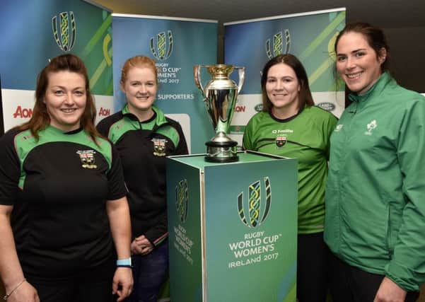 Ireland international player Nora Stapleton, right, pictured during her visit to City of Derry Rugby Club with the Rugby Women's World Cup. Included are City of Derry players Michelle Gormley-McLaughlin, Claire McGill and Stacey Sloan. DER1217-159KM