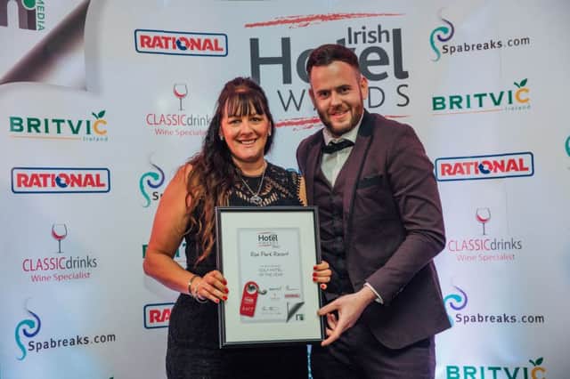 Stephanie Bolton from the Roe Park Resort is pictured receiving the Golf Hotel of the Year Award from sponsor Stephen Cramp, Britvic Ireland, at the inaugural Irish Hotel Awards.