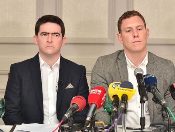 John McAreavey (right) and Mark Harte, brother of murdered honeymooner Michaela McAreavey, during a press conference at the Labourdonnais Hotel in Port Louis, Mauritius