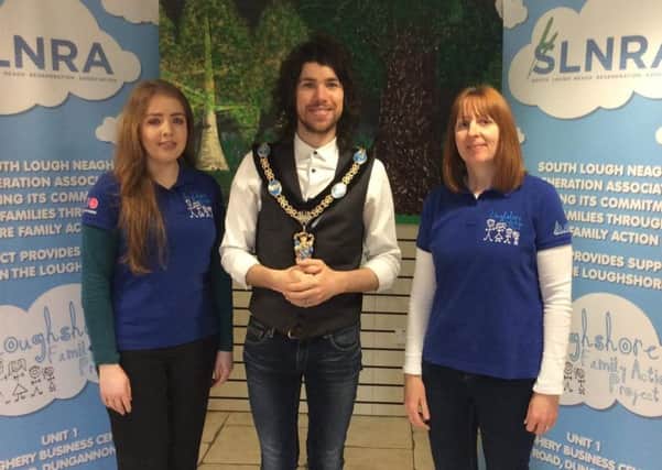 Loughshore Family Action Project staff Marese Fullen and Diane Guiney both Community Development Officers. with the Lord Mayor Garath Keating.