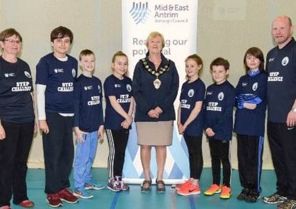 Step Challenge pupils at OlderFleet PS, Larne, pictured with Mayor Wales and Council Sports staff.