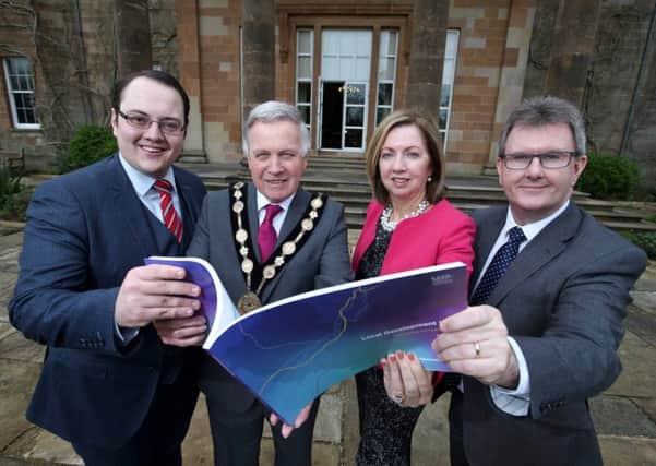 Pictured at the launch of Lisburn & Castlereagh City Council's Local Development Plan Preferred Options Paper are Councillor Alexander Redpath, Chairman of the council's Planning Committee, Mayor Brian Bloomfield MBE, Chief Executive Dr Theresa Donaldson and Sir Jeffrey Donaldson MP.