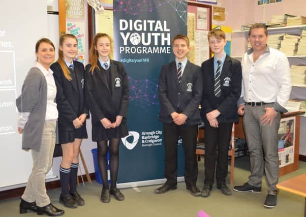 Ciara McIlmoyle Young Enterprise, Year 10 students Nadia Howard, Rebecca Magee, Ryan McDowell , Ryan Neill and mentor Stephen Houston from QuizFortune.