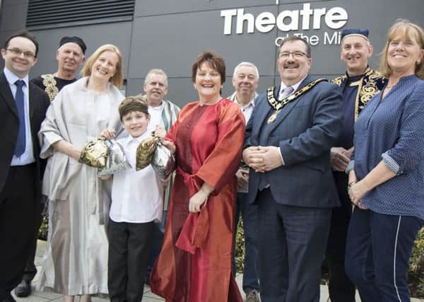 Cllr Paul Hamill and the Mayor, Cllr John Scott, pictured with cast members from Naaman.