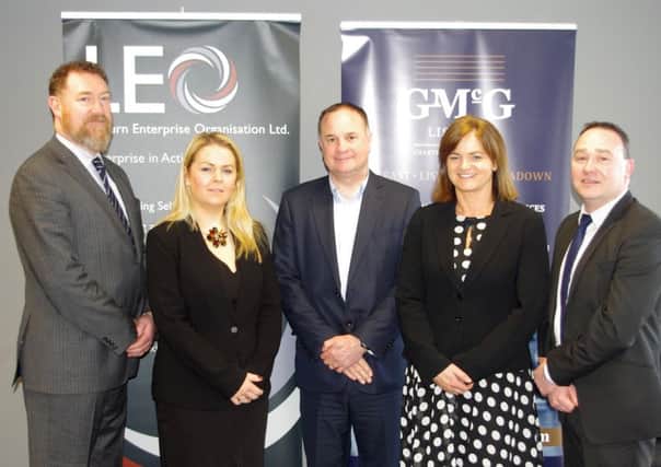 Pictured at the GMcG Business Breakfast Briefing: (l to r) Paul OConnor (GMcG), 
Colleen McAreavey (LEO), Evan Morton (Lisburn Chamber), Helen Allen (GMcG) and Stephen Houston (GMcG)