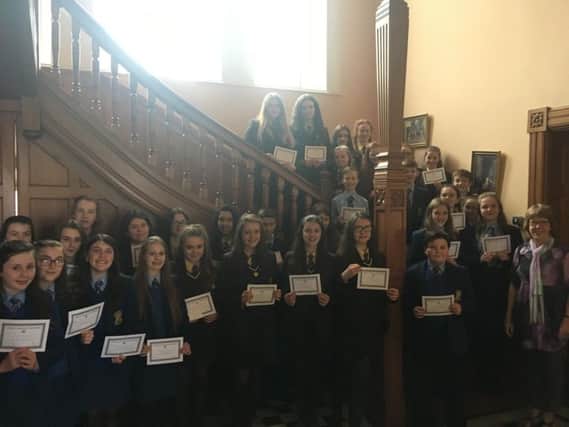 Students from Loreto College Coleraine and Loreto Grammar School Omagh who took part in the Mary Ward Public Speaking competition with Mrs Susan Kelly, Adjudicator.