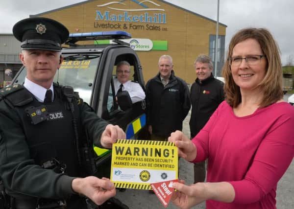 (From left) Insp Leslie Badger, PSNI, Supt. Brian Kee PSNI, Danny Gray, DAERA, Barclay Bell. President UFU and Sinead Simpson, Department of Justice, pictured at the launch of the Rural Crime Partnership campaign in Markethill Livestock Market.  Photo by Aaron McCracken/Harrisons