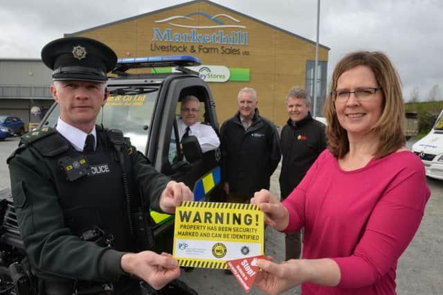 (From left) Insp. Leslie Badger, PSNI, Supt. Brian Kee, PSNI, Danny Gray DAERA, Barclay Bell, President UFU and Sinead Simpson, Department of Justice pictured at the launch of the Rural Crime Partnership campaign in Markethill Livestock Market. 
Photo by Aaron McCracken/Harrisons