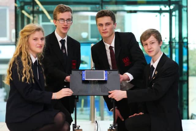 Students from Ballymena Academy with their STEM project developed in partnership with Wrightbus. Pictured are Charis Hanna, Owen Kavanagh, Andrew Heaney and Matthew Petticrew.