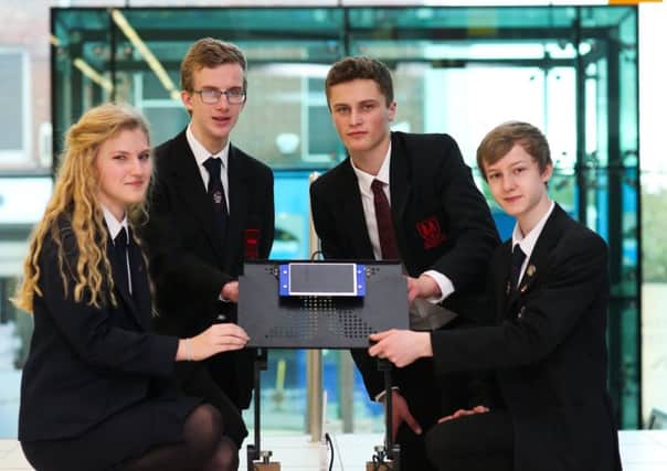 Students from Ballymena Academy with their STEM project developed in partnership with Wrightbus. Pictured are Charis Hanna, Owen Kavanagh, Andrew Heaney and Matthew Petticrew.