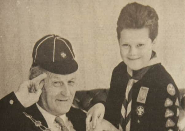 Ald Sandy Spence helps launch Bob A Job Week with West Church scout Alan Totten - 1989