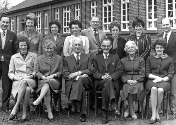 Lisburn Central Primary School Staff - June 1963.  L to R: (front row) Miss Bell (Mrs Clarke), Miss Bowden, Mr Matt Shields (Principal), Mr David Thompson (Vice Principal), Miss McCrory and Miss Brown (Mrs Cochrane).  (back row) Mr Derek Allen, Miss McIlroy, Mrs Taylor, Mrs Monteith, Mr Robert Cairns, Miss Corbett, Miss Johnston and Mr W J Strain.