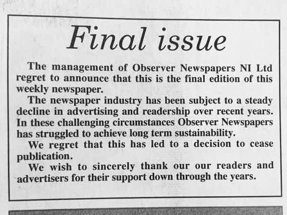 Message from Observer Newspapers on the front of the last ever edition of The Mid-Ulster Observer