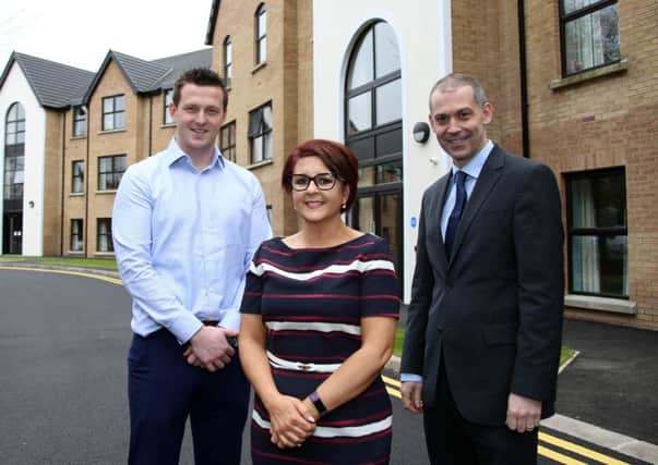 Mark Donnelly of Wood Green carehome, Leona McNicholl of Ulster Bank and Nigel Walsh, Director, Commercial Banking, Ulster Bank. Pic by Darren Kidd/Press Eye.