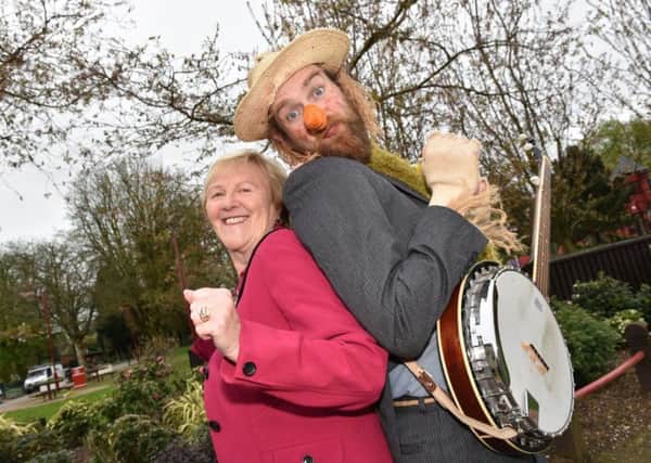 Mid and East Antrim Mayor Audrey Wales with 'The Scarecrow' who helped launch the Borough's 'In Bloom' campaign