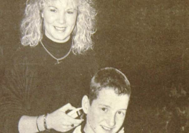 Jimmy Morrow gets a head shave in aid of Comic Relief courtesy of Anita Graffin of Scissors. 1989.