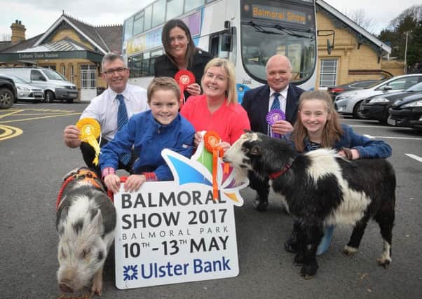 Pictured announcing the plans with a couple of 4-legged friends are l-r Translink Ulsterbus Inspector Philip James,  passenger Sam Geary, Translink NI Railways Route Manager Gemma McMurray, Rhonda Geary, RUAS Operations Director, Translink NI Railways Line Supervisor Mark Glover and passenger Judith Duncan. Photo by Aaron McCracken/Harrisons