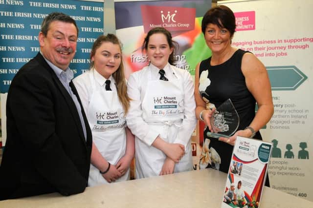 Tyrone heat winners Lily Neill and Hannah Ewing, Drumglass High School with judges Brian Quinn and Caitriona Lennox of Mount Charles.