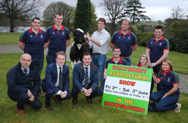 Sponsors Andrew Morrison and Clarence Calderwood from United and James Speers from Agro with YFC members at Ballymoney show launch