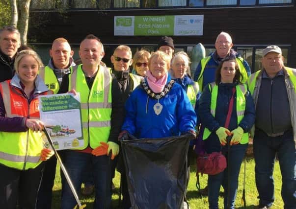 The Mayor, Cllr. Audrey Wales and volunteers taking part in the Ecos Park Spring Clean.