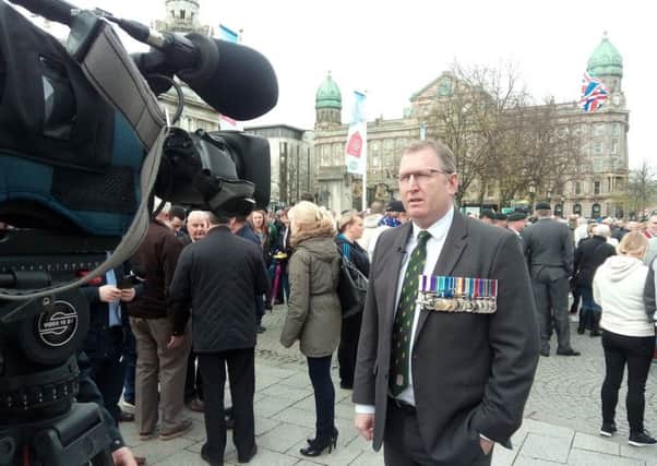 Captain Doug Beattie, at a recent rally in support of veterans in Belfast city centre
