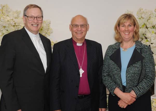 Rev Dr Frank Sellar (Moderator of the General Assembly) and Mrs Claire Sellar pictured with Bishop Ken Clarke at the opening and dedication of Moira Presbyterian Church on Friday, April 21. Pics by John Kelly