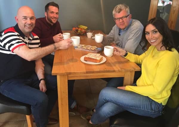 Mark Boyce, back left, and Justin Weir with presenters Christine Bleakley and Adrian Chiles.
