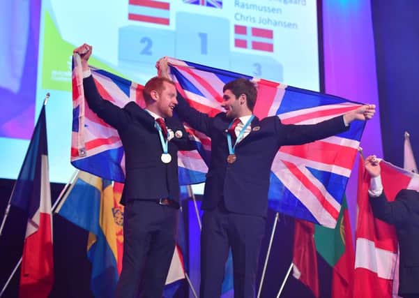 Adam Ferguson (left) from Ballymena pictured with Will Burberry as they celebrate success at the EuroSkills Finals.  (Submitted picture).