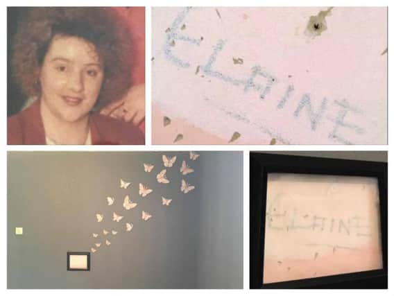 Top left, clockwise, the late Elaine Ryan; the etching of her name on her old bedroom wall; the permanent feature, created by younger brother Terry Ryan in Elaine's old room.