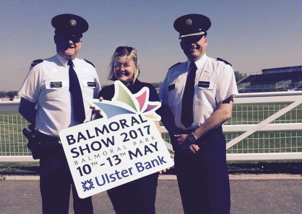 Const. Richard Taylor, operational planning, and Lisburn and Castlereagh District Commander, Supt. Sean Wright, photographed at the Balmoral site with Rhonda Geary, operations director.