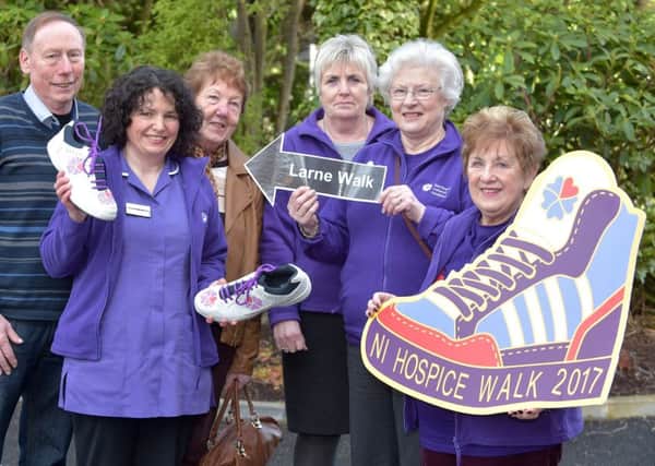 Henry Hughes, Deborah Mc Allister, day hospice nurse, Maud Fleming, Alice Crum, Edna Craig, Larne Support Group members and Olivia Nash, hospice vice-president) are going the distance this year by participating in the Larne Hospice Walk on Saturday April 1.