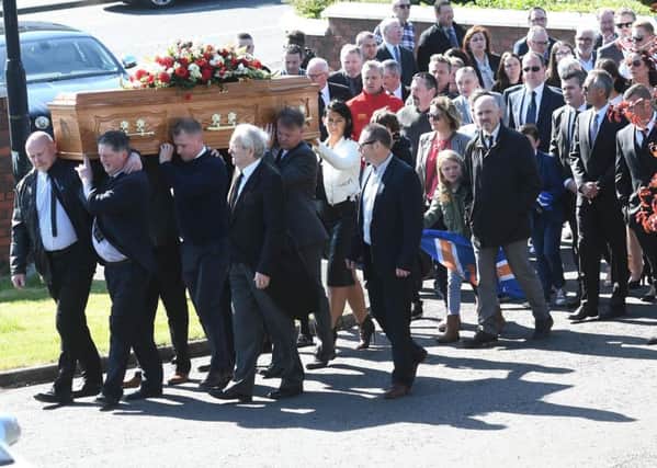 Pacemaker Press 4/5/2017
Family and Friends during the funeral of former Glenavon Footballer Tony Scappaticci  at St Therese's Church in Banbridge on Friday. The 48-year-old father-of-three, who starred for Glenavon and Newry City, died at his home in Banbridge on Monday.
Pic Colm Lenaghan/Pacemaker