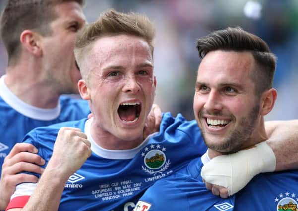 Andrew Waterworth  celebrates scoring the  opening goal against Coleraine  during Saturday's Tennent Irish Cup Final at the National Stadium, Windsor Park.
Picture by Brian Little/PressEye
