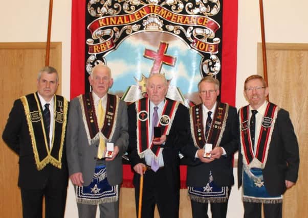 Sir Knight Thomas Smyth, County Grand Treasurer, presented 50 year jewels to Sir Knights (l-r) William McIlroy, George Dickson, Denis Moreland, along with Worshipful Master Sir Knight Ross McNeill of Kinallen Temperance,RBP 1013.