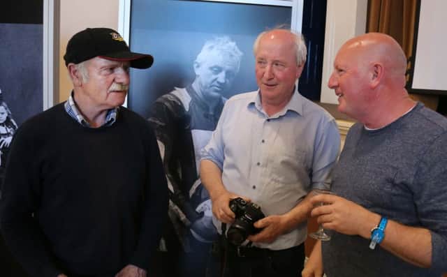 Stephen Davison pictured with Eddie McLean and Gerry Burns at the opening of the BBC Northern
Ireland Road Racing People exhibition in Ballymoney Town Hall.PICTURE KEVIN MCAULEY/MCAULEY MULTIMEDIA