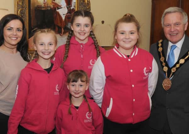 Naomi Orr (Naomi Orr School), Morgan White, Katie-Rose Williams, Mackenzie White and Ellie Dougherty (front) pictured in the Mayors Parlour with Councillor Brian Bloomfield MBE (Mayor of Lisburn & Castlereagh City Council).