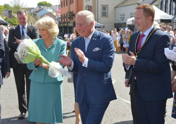 The Duke and Duchess of Cornwall were greeted by crowds of well-wishers as they arrived in Dromore on Wednesday. Pic by Aaron McCracken Photography