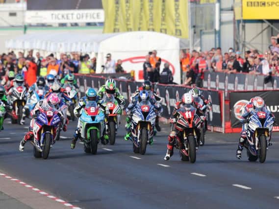 The start of the Superstock race on Thursday evening at the Vauxhall International North West 200.