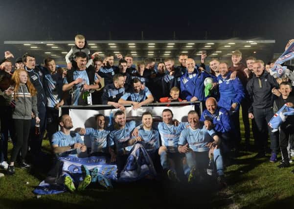 Celebration time for Ballymena United on Friday night after victory in the Europa League play-off final. Pic by PressEye Ltd.