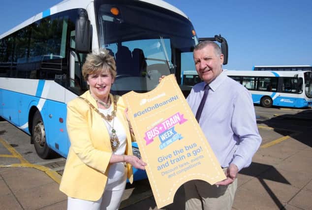 Pictured is Alderman Maura Hickey, Mayor Causeway Coast and Glens Borough Council with Sam Todd, Service Delivery Manager, Translink. The Lord Mayor is calling on Causeway Coast and Glens residents to get on-board Bus + Train Week, 5 - 11 June 2017. For more details, visit www.translink.co.uk/busandtrainweek/ and join the conversation online @Translink_NI #GetOnBoardNI.