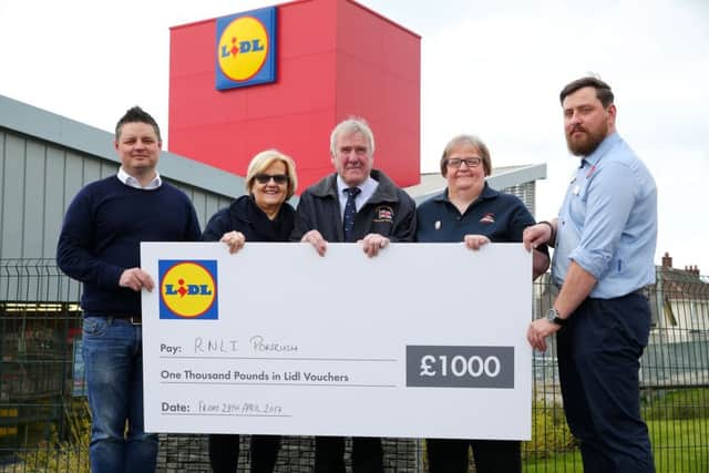 Lidl Ireland is delighted to donate Â£1000 to RNLI Portrush, as its chosen Charity of the Week - a new initiative in the Lidl Community Works programme. L - R Geoffrey Lamon, Area Manager ; Paula Clyde, Treasurer, RNLI Portrush ; Robin Cardwell, Lifeboat Manager, Treasurer, RNLI Portrush ; Sharman Finlay, Chair of the Fundraising Committee, Treasurer, RNLI Portrush ; Tomas Fusek, Portrush Store Manager.