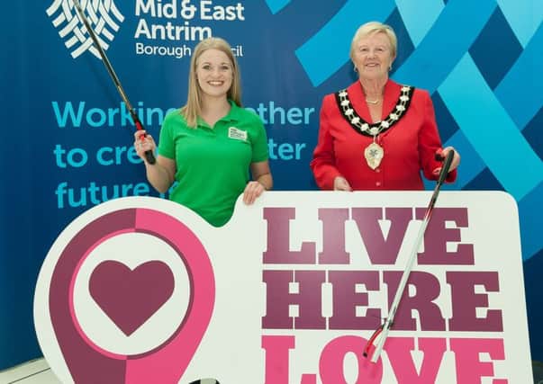 Mid and East Antrim Borough Mayor, Councillor Audrey Wales MBE with Jodie- Ann McAneaney at the launch of the 2017 Live Here Love Here Small Grants Scheme.