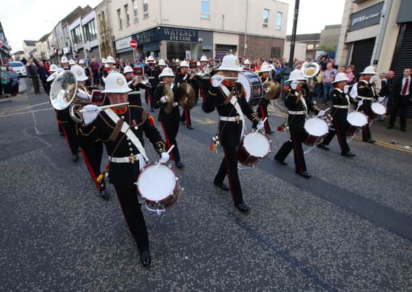 Press Eye - Belfast - Northern Ireland - 16th May 2017 - 

The Band of Her MajestyÃ¢Â¬"s Royal Marines Scotland has been parading in Ballymena.
Mid and East Antrim Borough Mayor, Councillor Audrey Wales MBE welcomed the Royal Marines to The Braid before their spectacular outdoor performance, parade, Beating Retreat and Ceremonial Sunset in the presence of Her MajestyÃ¢Â¬"s Lord Lieutenant for County Antrim Joan Christie OBE.
Highlights included popular classics, big band music, contemporary works and entertaining solo features.


Photo by Kelvin Boyes / Press Eye.