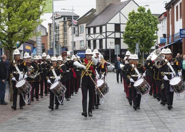 HM Royal Marines Band (Scotland), which included a number of Lisburn Sea Cadets in the drum corps, on parade in  Lisburn in support of the 'Meet the Navy' event. Pic by Robbie Hodgson