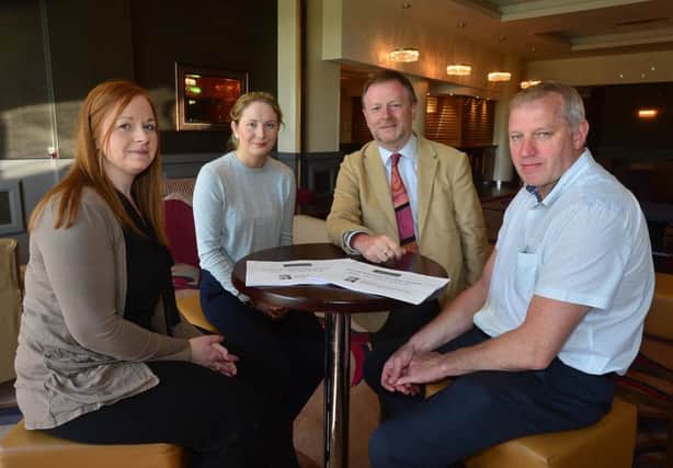 Pacemaker Press Belfast 08-05-2017: Equality Commission for Northern Ireland event in the Derry City Hotel. Pictured at the event Roisin Morgan(Sam Mouldings),Alannah Cardwell(Northstone), Paul Oakes (ECNI A&C Manager) and John Cuthbet( NI Civil Servce).
Picture By: Arthur Allison.
