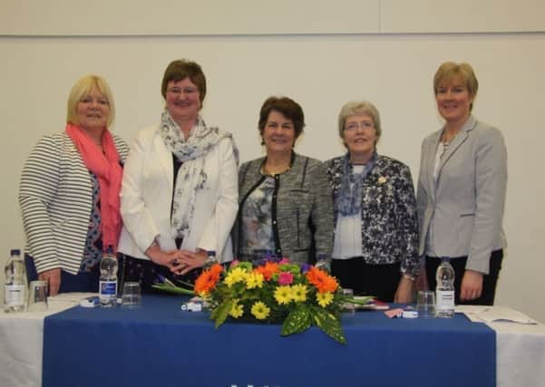 Slemish Area WI annual meeting Top Table, Secretary Margaret Ferguson, Guest Speaker Jennifer Campbell, Area Executive Member Sophia Maybin, Chairman Yvonne Crabbe, Homes and Garden Diane Murdoch. Photographs by Ernest O'Hara.
