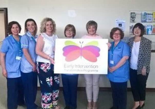 The EITP Team:  left to Right: Denise Bryans, Midwife, Natalie Hanna, MSW, Nichola Park, Quality Data Support Officer, Jennifer McIlreavy, Midwife, Barbara Strawbridge, EITP Implementation Manager, Anne Dent, Midwife and Martina Doolan, Interim Lead Midwife, Community and Public Health.