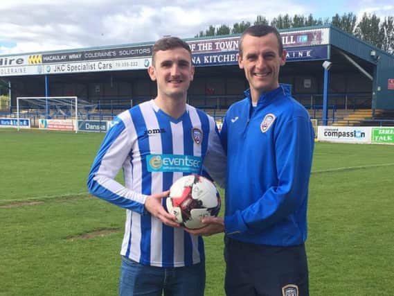 Coleraine manager Oran Kearney pictured with new signing Stephen O'Donnell.