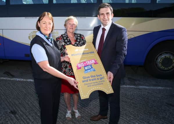 Pictured with Councillor Audrey Wales MBE, Mayor of Mid and East Antrim Borough Council, is Karen Hoey, Ballymena Chief Clerk, Translink and John Morgan, Service Delivery Manager, Translink. The Mayor is calling on residents of the Mid and East Antrim Borough Council area to get on-board Bus + Train Week, 5 - 11 June . For more details, visit www.translink.co.uk/busandtrainweek.