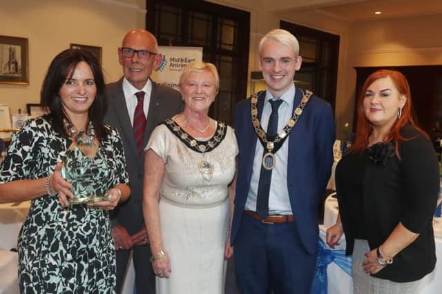 Alison Moore and Chris Wales (both Chamber of Commerce), Mayor Audrey Wales MBE, Ronan McCann (Chamber President) and Anne Donaghy (Chief Executive Mid and East Antrim Borough Council).